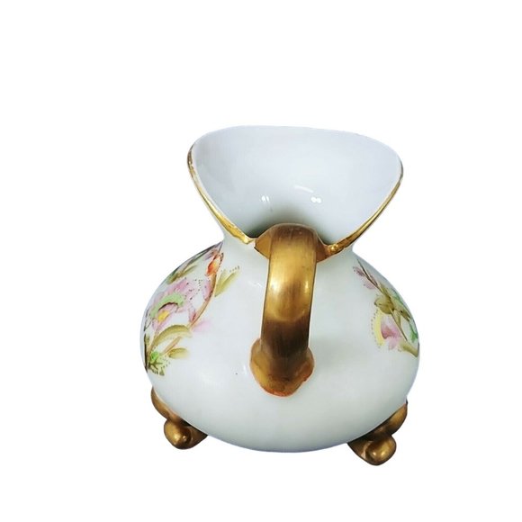 Creamer Pitcher Footed Hand Painted Gold Trim Floral Collectible Vintage 3.25"H - Picture 4 of 8